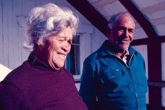 Ngaraima and Tāhere Taingahue at Te Haka a Te Tūpere wharenui, Rangiwaea Marae.